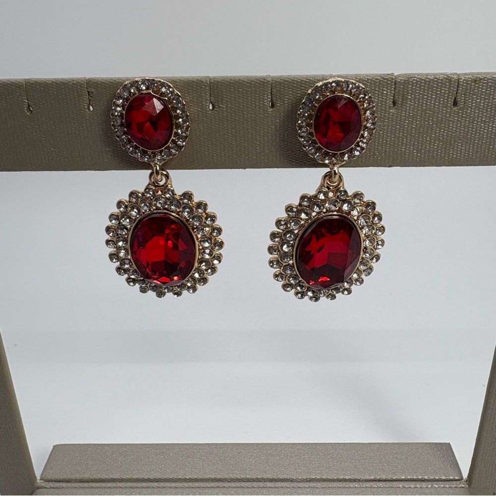 Double Red And Clear Halo Crystal Drop Rhinestone Dangle Earrings